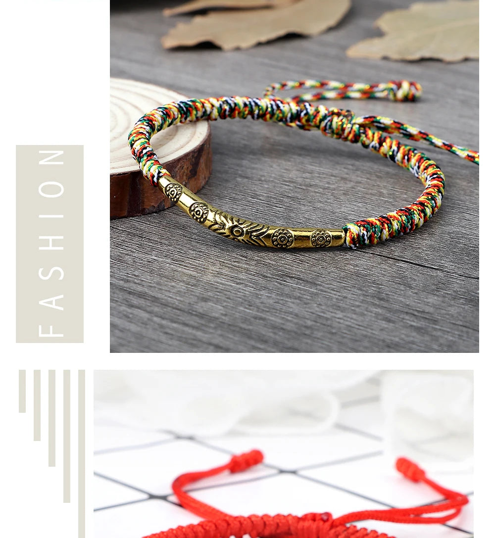 Golden Color Long Tube Braided Bracelet Lucky Red Black Thread Handmade Adjustable Bangle Men Women Buddhism Jewelry Prayer Gift