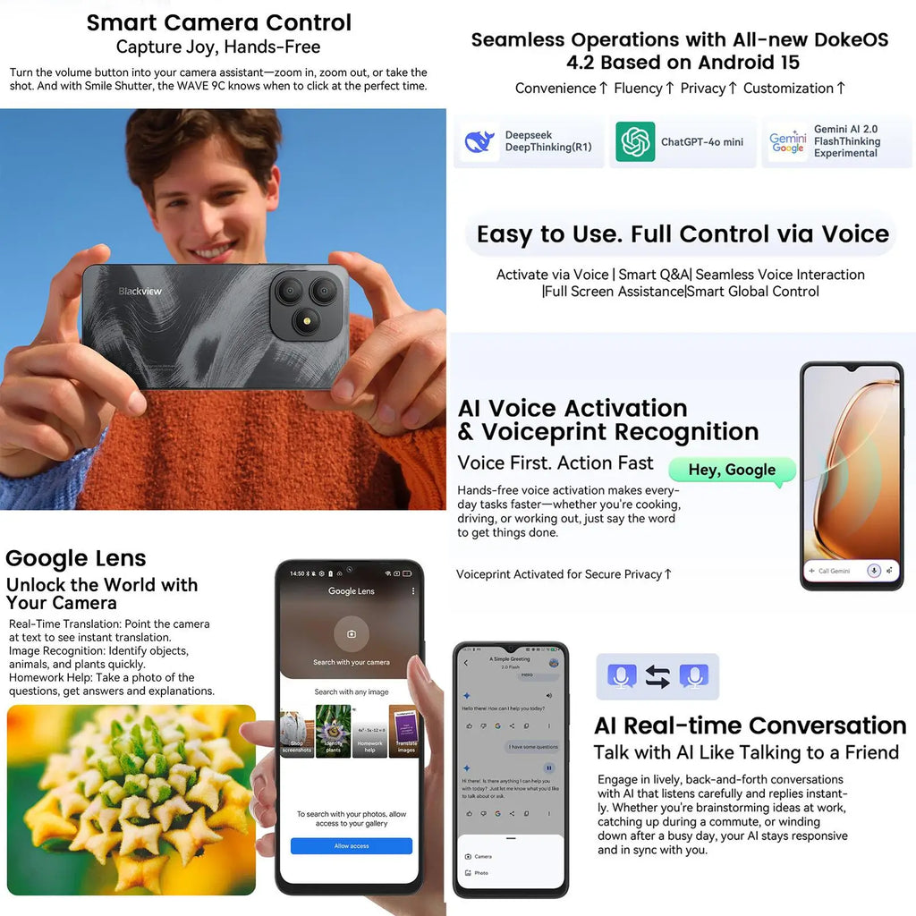 Blackview WAVE 9C Smartphone 4GB+128GB 6.56'' Android 15 Unisoc T603 5000mAh 13MP Camera 4G Cellphone