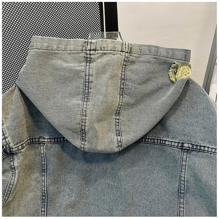 Men's Autumn New Hoodies&Sweatshirts Letter Patchwork Denim Pullover Tops American Fashion Streetwear Ripped Hooded Jackets