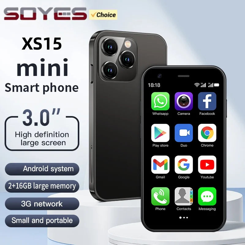 New SOYES XS15 Mini Smartphone 3.0inches MTK 2GB RAM 16GB ROM WCDMA 3G Dual SIM 2MP Rear Camera 480x854 Type-C Android Cellphone