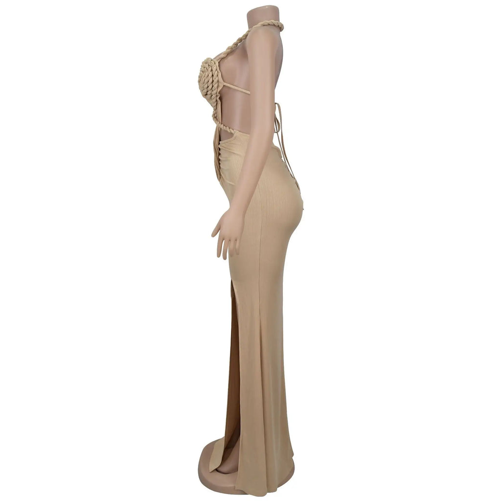 Joskaa Women Summer Knit Halter Long Dress Sexy Hollow Backless Slit Bodycon Maxi Dresses Holiday Party Club Beachwear S-XXL