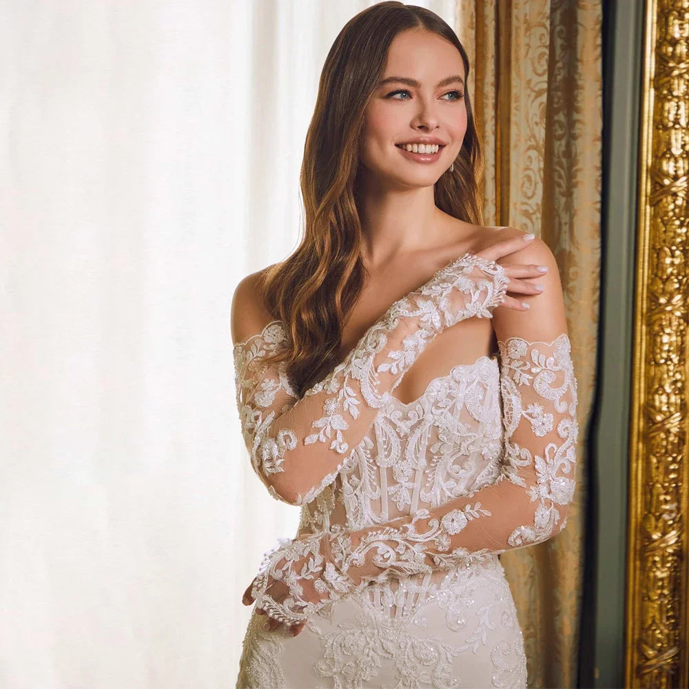 Flavinke Customized Sexy Mermaid Strapless Wedding Dresses Long Sheer Sleeves Applique Bridal Low Back Pearl Vestidos De Novia