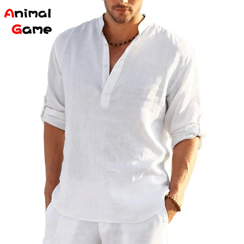 New Men's Linen Long Sleeve T-Shirt Solid Color Loose Spring T-Shirt Long Sleeve Cotton Linen Shirt Plus Size Shirts Men