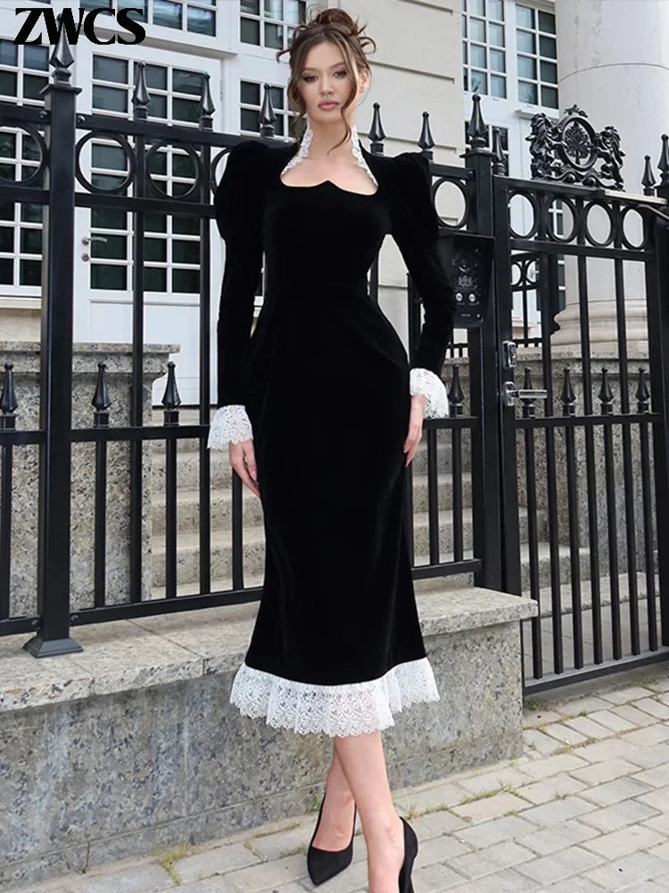 Square Collar Puff Sleeve Women Dress Patchwork Slim Pleated Lady Maxi Dresses 2026 Elegant Spring Vintage Female Vestidos