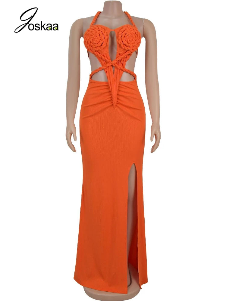 Joskaa Women Summer Knit Halter Long Dress Sexy Hollow Backless Slit Bodycon Maxi Dresses Holiday Party Club Beachwear S-XXL