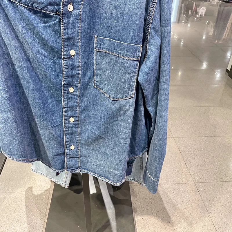 2025 Women's Denim Shirts Button Blouses Asymmetric's Shirts Tops