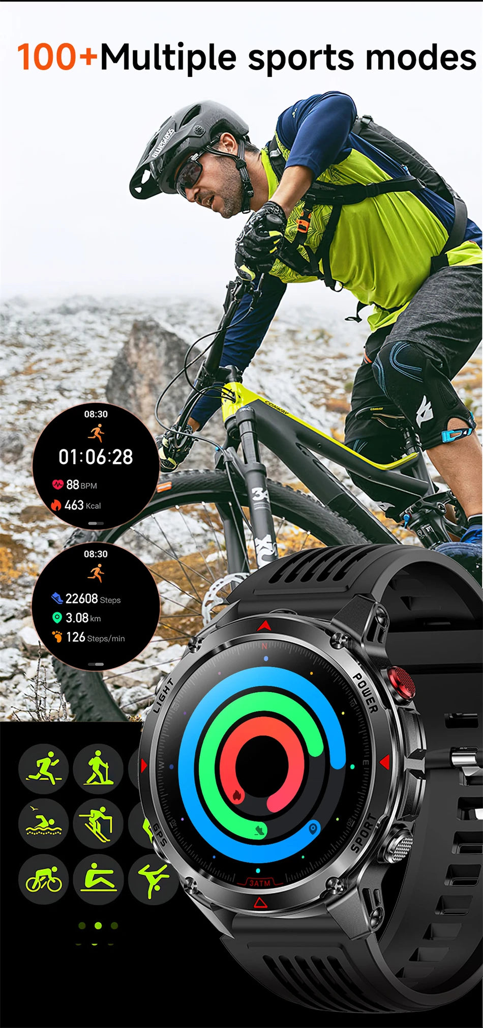 New Military GPS Sports Smart Watch Men Support GNSS Swim 3ATM Waterproof Compass Altimeter BT Call Outdoor Sports Smart Watch