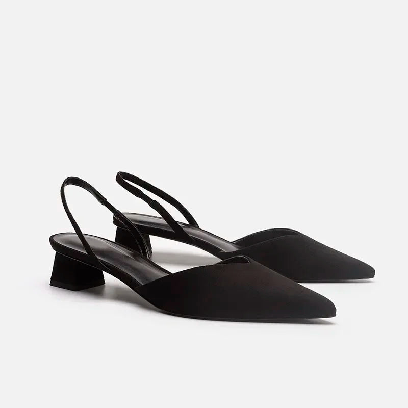 Summer 2025 New Women Black Baotou Fashion Sandals Woman Heels Pumps Silk Sexy Pointed Sandalias Female Low Heels Shoes