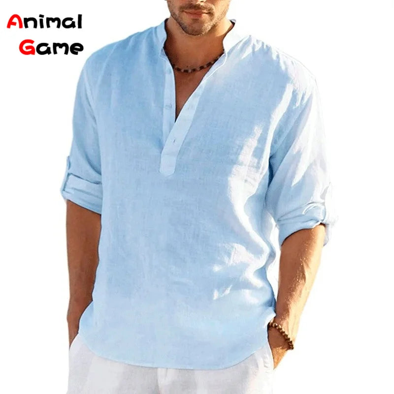 New Men's Linen Long Sleeve T-Shirt Solid Color Loose Spring T-Shirt Long Sleeve Cotton Linen Shirt Plus Size Shirts Men