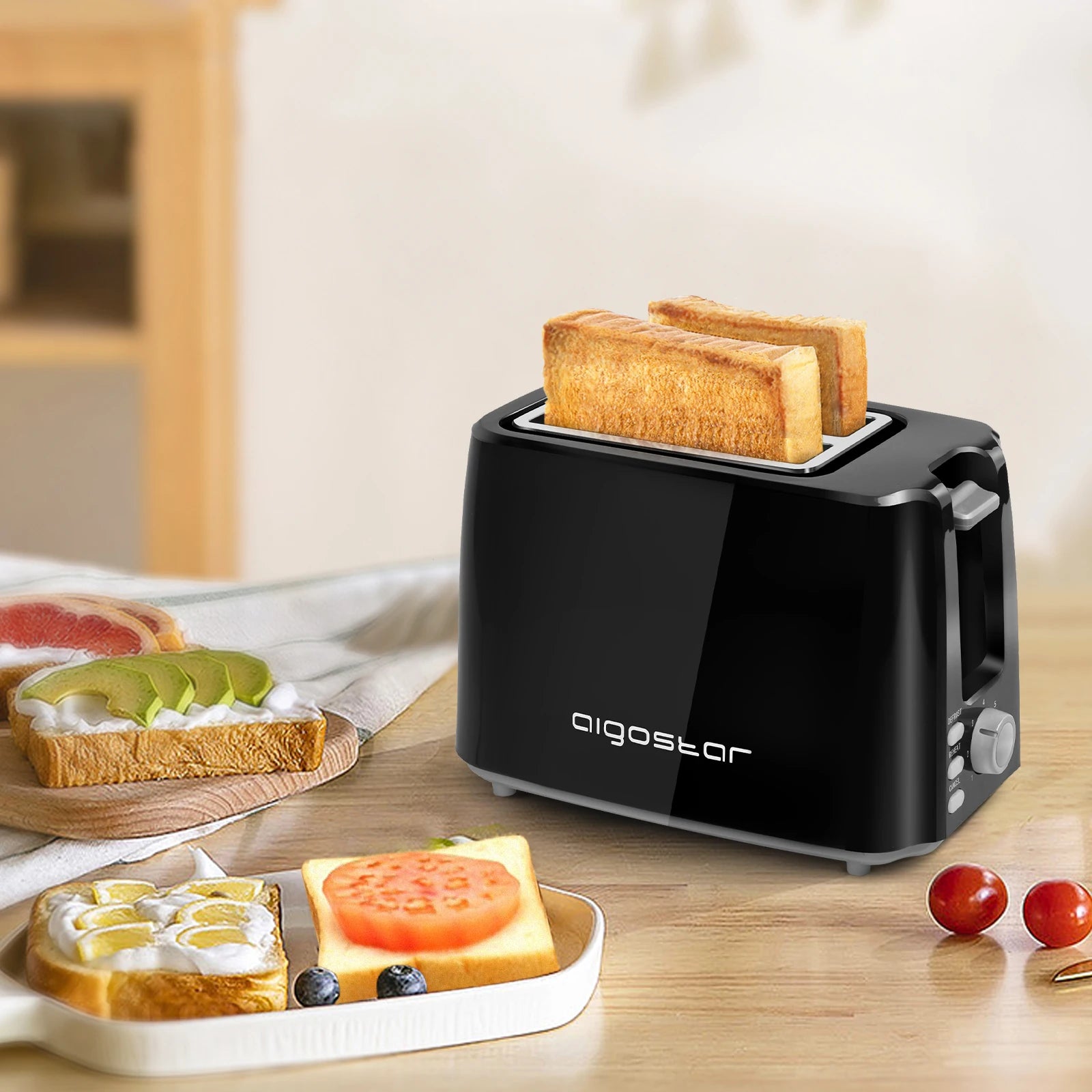 Aigostar Warrior - 2-slice toaster, 7 toasting settings, defrost, reheat and cancel functions; 750W, Black, BPA Free. Exclusive