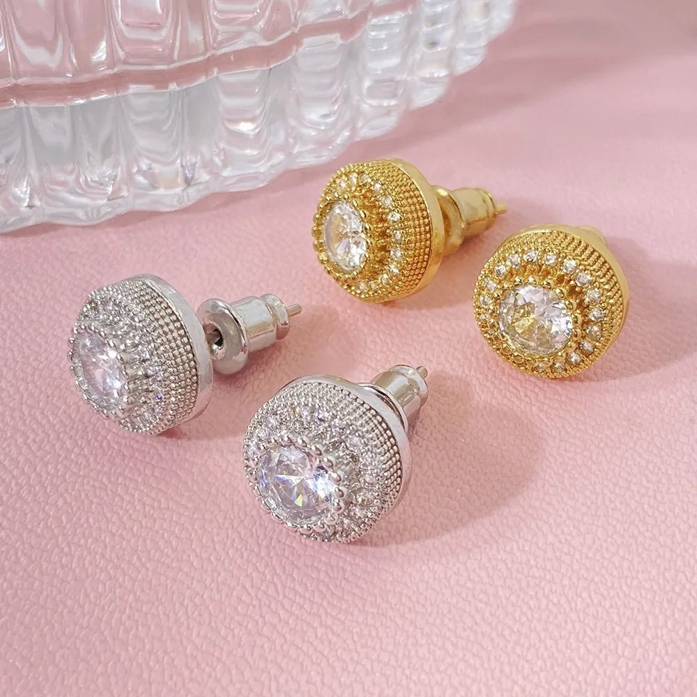 Luxury Creative Geometry Round Shining Brightly Full of Zircon Stainless Steel Stud Earrings for Women Men Hip-hop Trend Jewelry