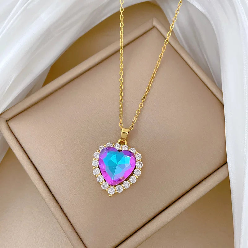 DIEYURO 316L Stainless Steel Colorful Crystal Simple Heart Pendant Necklace Women Girl Fashion Collarbone Chain Jewelry Gift