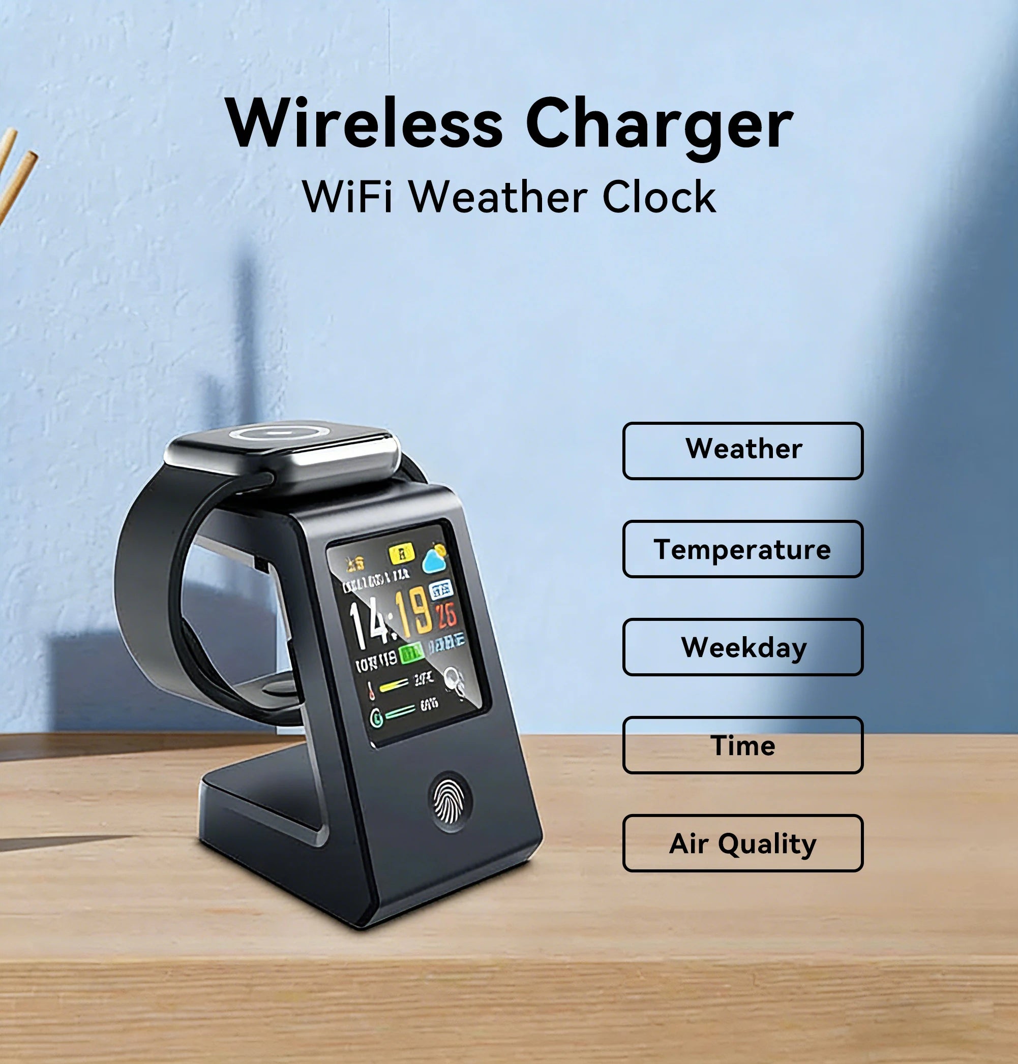 Slim WiFi-weerhorlosie, met draadlose laai vir horlosies, digitale tafelhorlosie, intydse weervertoning, raakbeheer