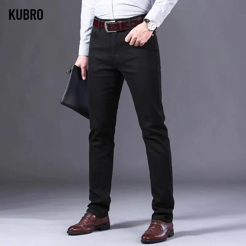 Brand Classic Style Men's Wine Red Jeans Fashion Business Casual Straight Denim Stretch Trousers Male Denim Pants Korean reviews
