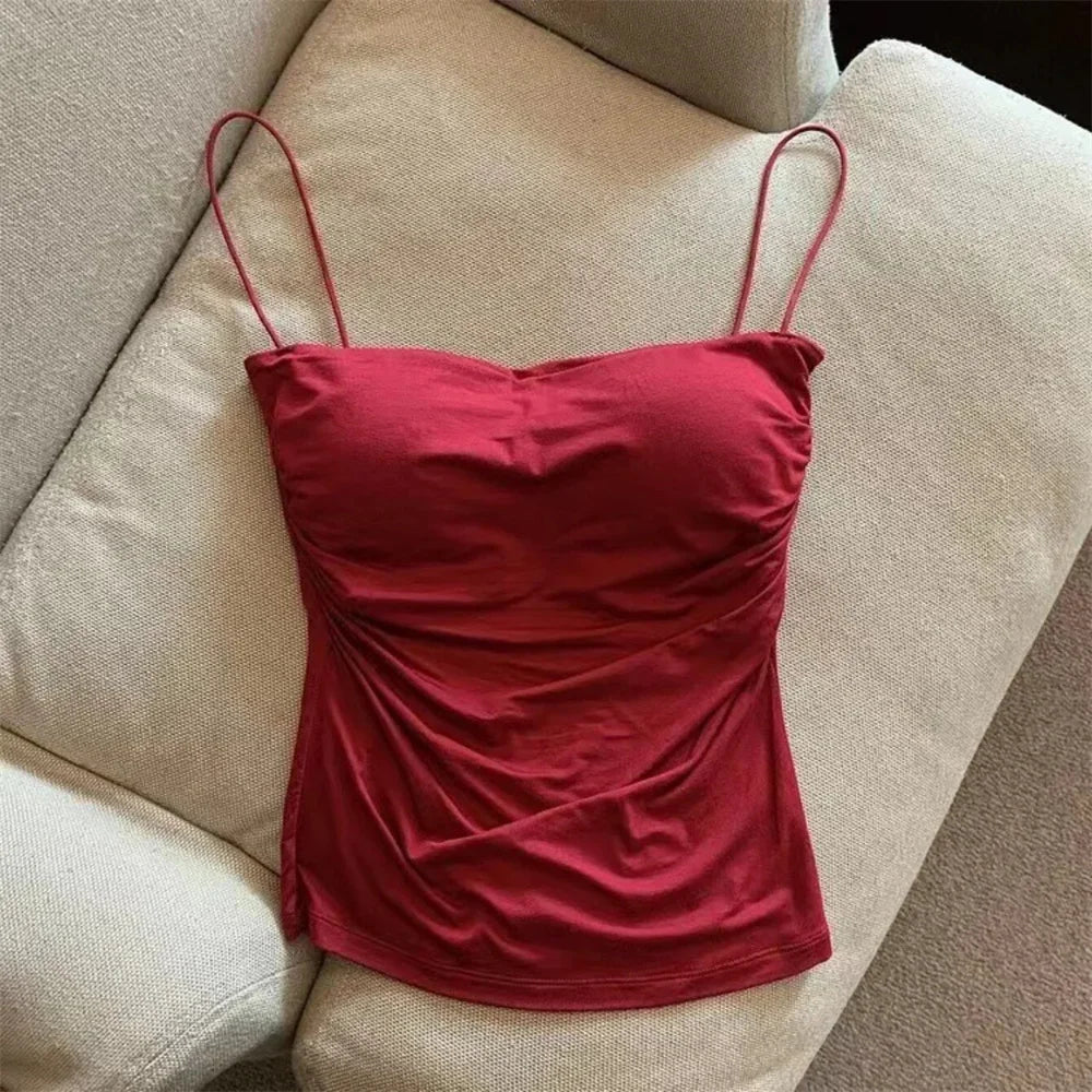 1 Pc Stylish Waist Pleated Corset - Soft support fixed chest pad sleeveless vest Sexy short top with thin straps Solid color