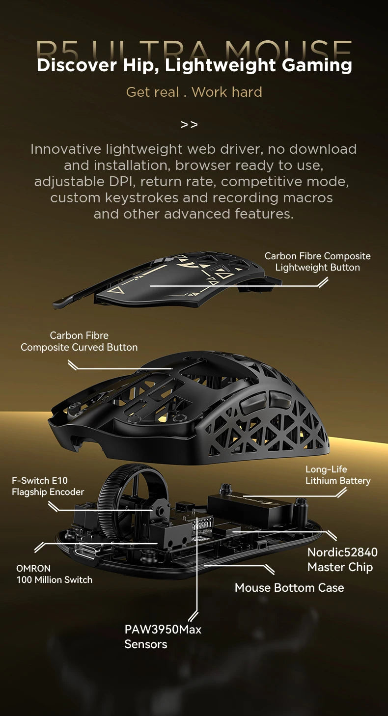 ATTACK SHARK R5 ULTRA Wireless Gaming Mouse - 8K Polling,PAW3950MAX Sensor,42,000 DPI,Carbon Fiber Ultra-Light for Pro Esport