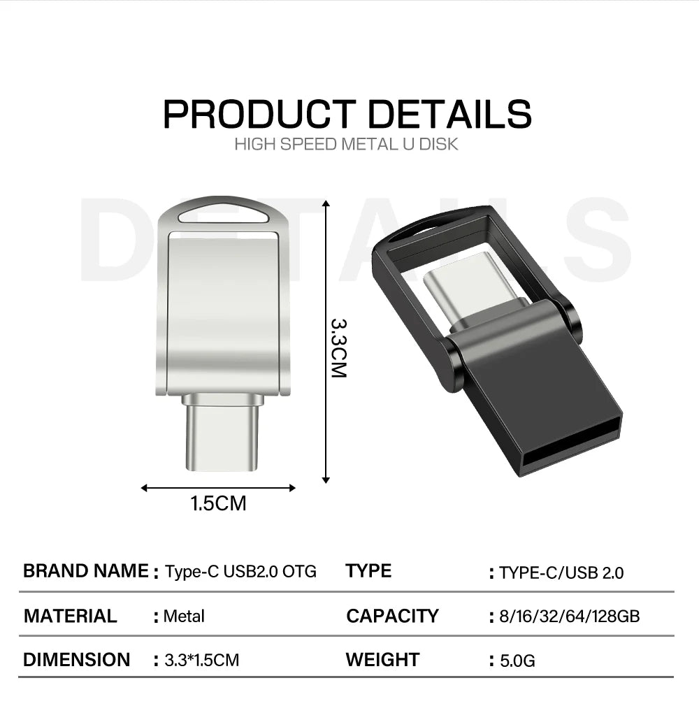 Metal Mini TYPE-C 2 IN 1 USB Dual Flash Drive 64GB Tiny Pen Drive 32GB Key Chain Memoria USB Memory Disk 128G 16GB Pendrives
