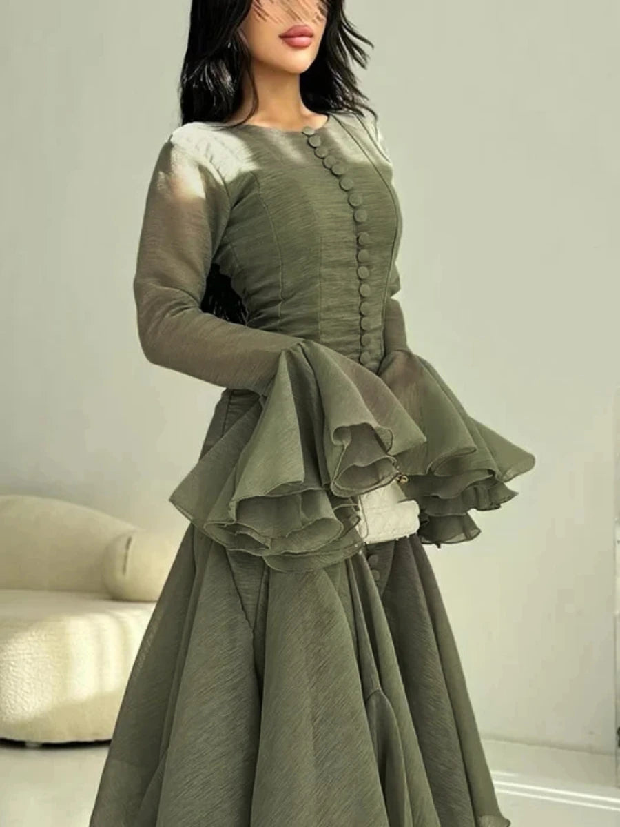 TWOTWINSTYLE Solid Slimming Spliced Folds Dresses for Women Round Neck Long Sleeves Patchwork Buttons Dress Female Clothing New
