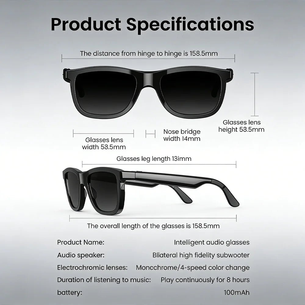Smart Audio Glasses 2026 Touch Color Changing Lens Dual Microphone Noise Reduction Super Clear Sound Bluetooth Sunglasses Wirele