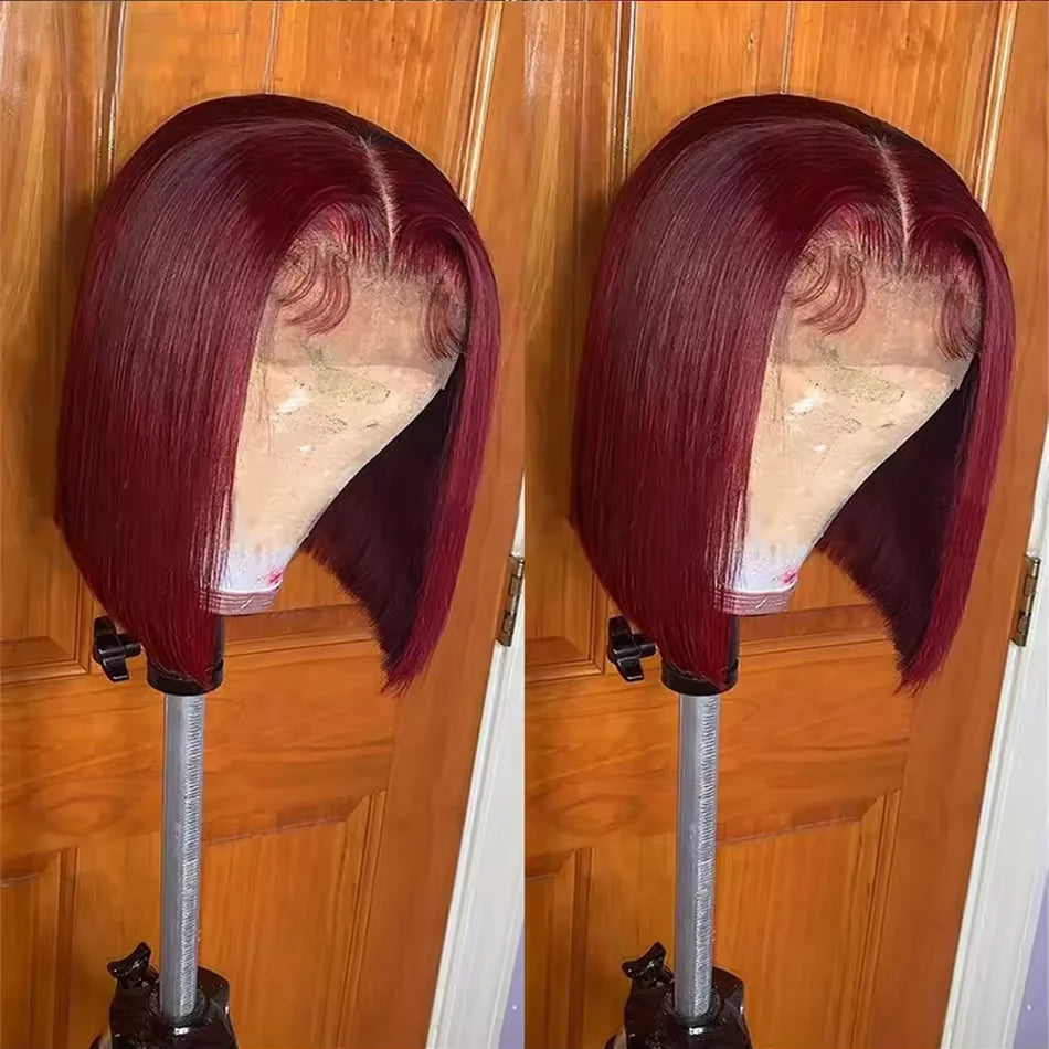 8-14Inch 99J Red Straight Bob Wig V Part Lace Front Human Hair Wig For Women Pre Plucked Glueless 99J Burgundy Colored Bob Wig