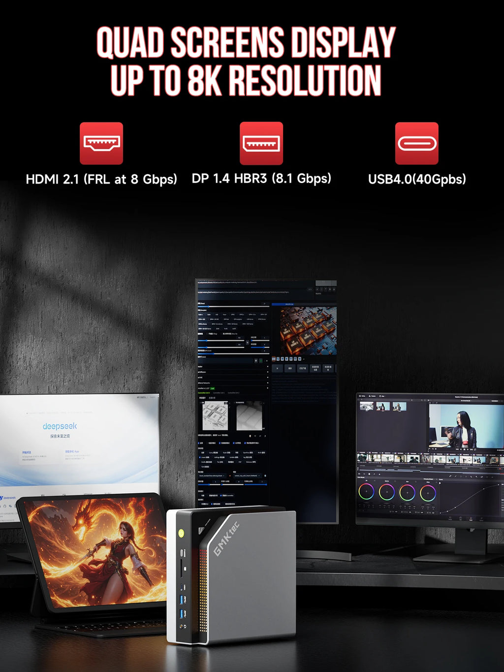 GMKtec Mini PC EVO-X2 AMD Ryzen Al Max+ 395 Mini Gaming ComputerLPDDR5X 128GB 8000MHz (16GB*8) M.2 PCie4.0 SSD WIFI7 BT5.4 USB4