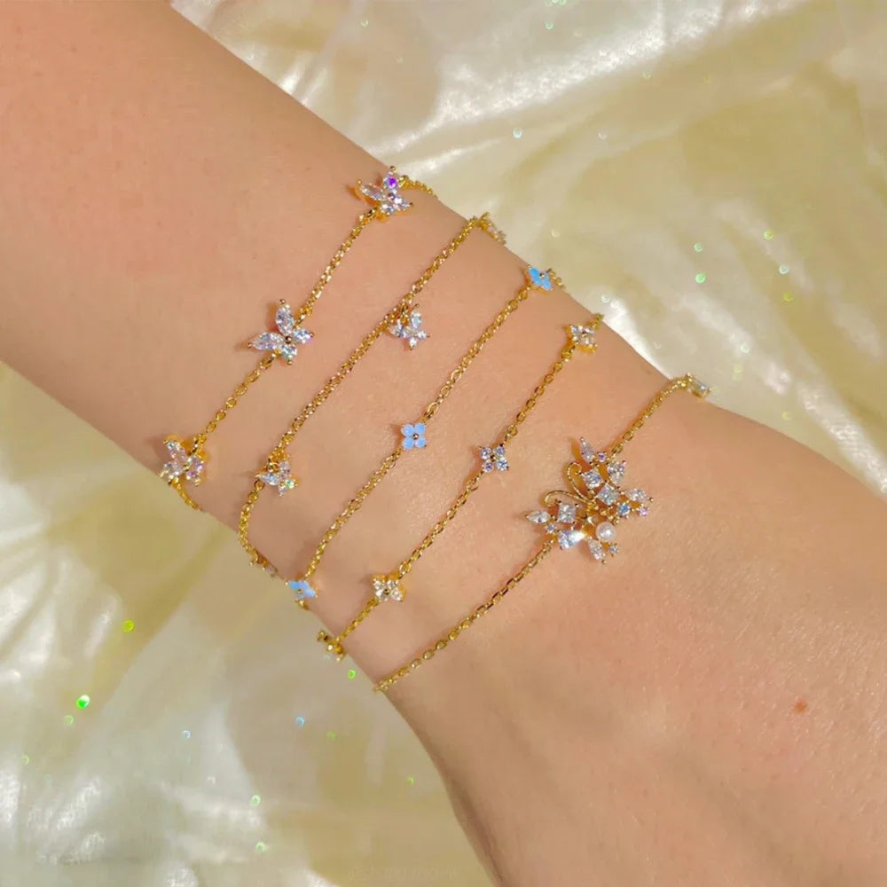 Shiny Plated 18k Gold Shiny Zircon Blue Flower Bracelet for Women Girl Korean Temperament Exquisite Jewelry Gifts