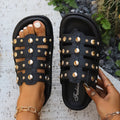 Summer Casual Sandals for Women, Leather Studded Flat Mid-Heel Roman Sandals, Open-Toe Design with Cross Straps, Slip-On Style, Mother's Day Gift