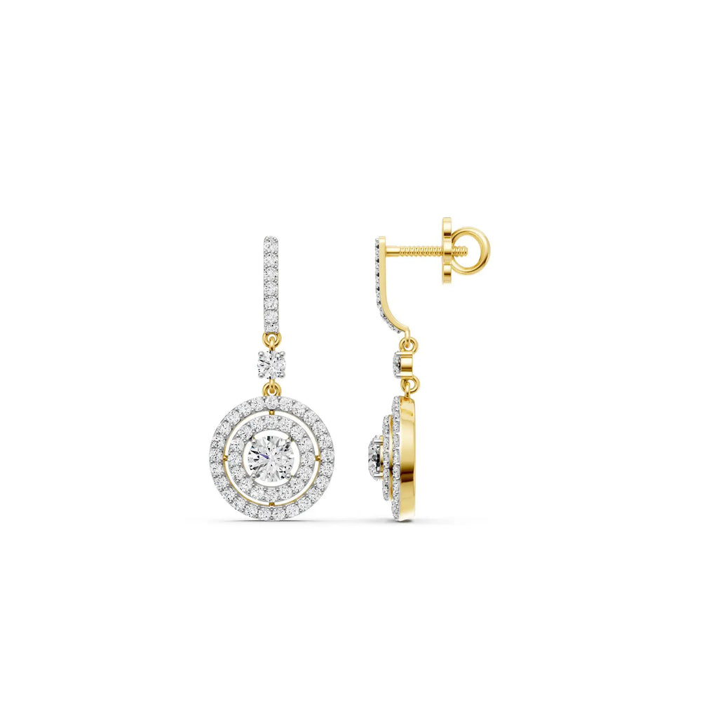 Halo Lab Grown Diamond Drop Earrings 14K Yellow Gold Double Circle Diamond Dangle IGI Certified Luxury Gift Elegant Fine Jewelry