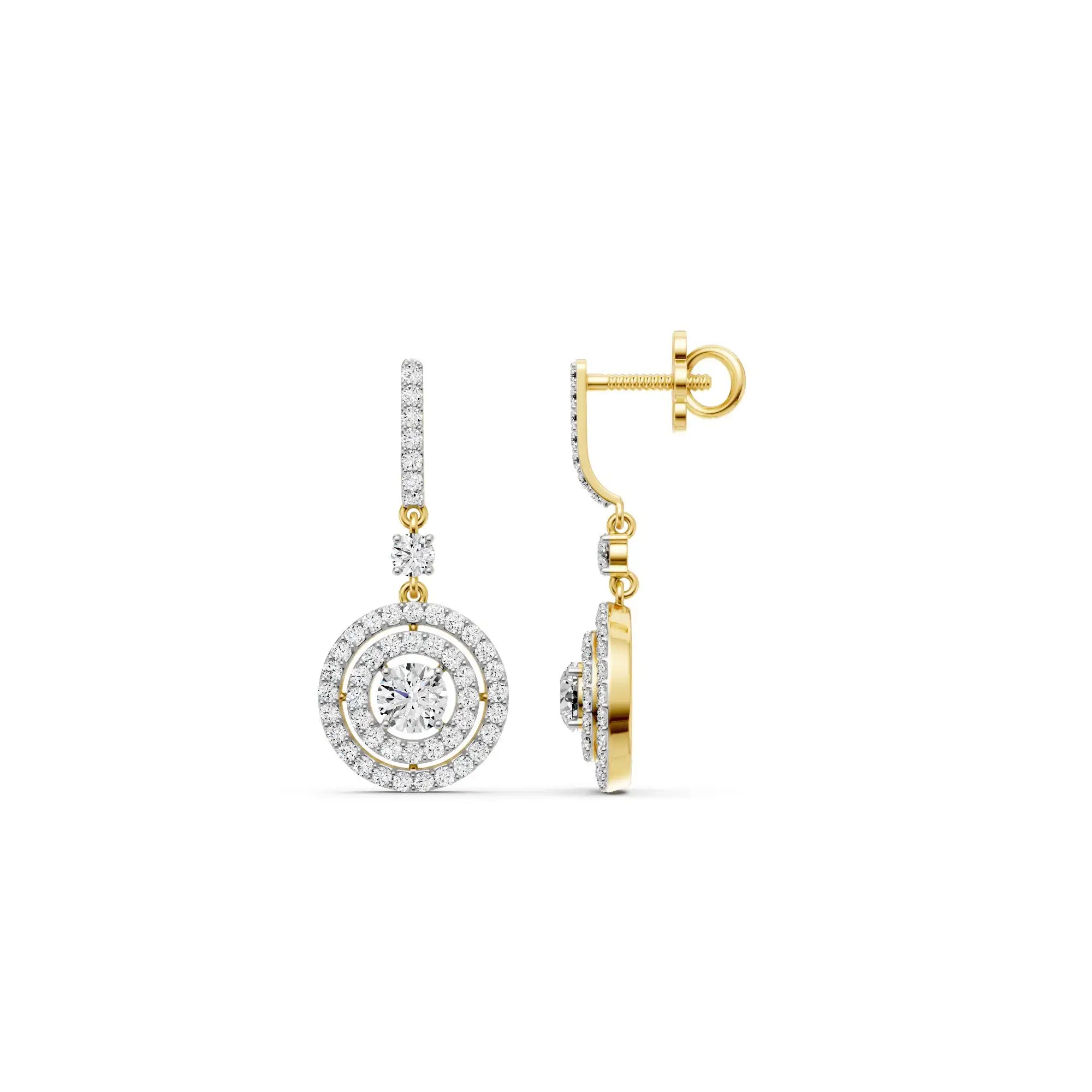 Halo Lab Grown Diamond Drop Earrings 14K Yellow Gold Double Circle Diamond Dangle IGI Certified Luxury Gift Elegant Fine Jewelry