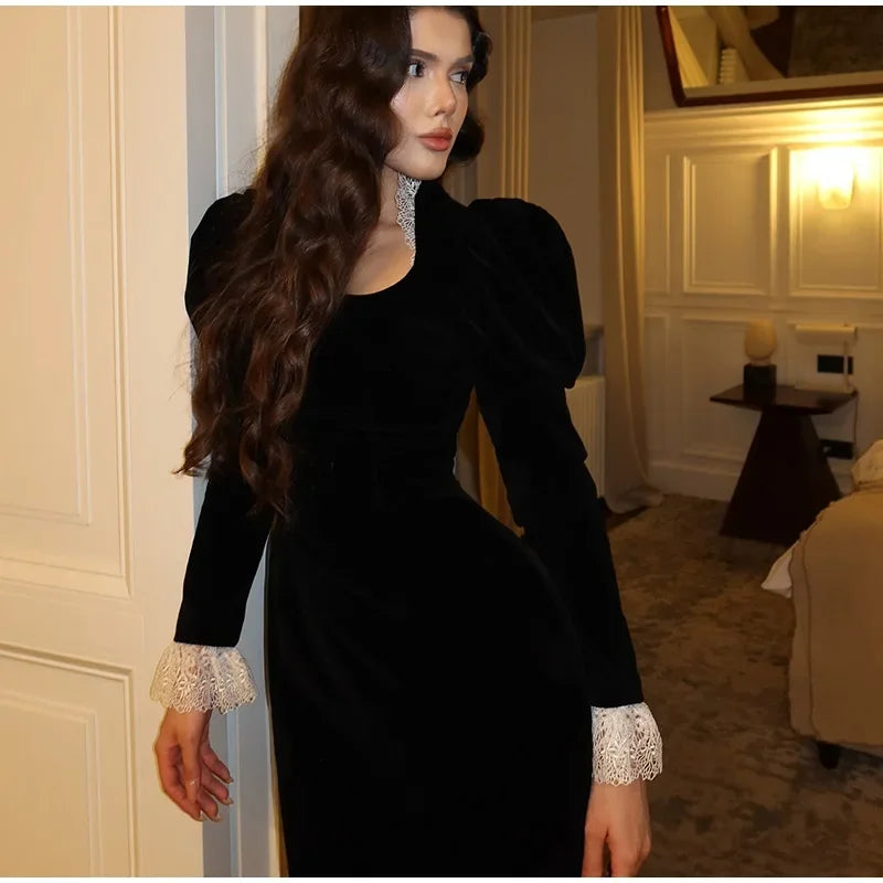 Square Collar Puff Sleeve Women Dress Patchwork Slim Pleated Lady Maxi Dresses 2026 Elegant Spring Vintage Female Vestidos