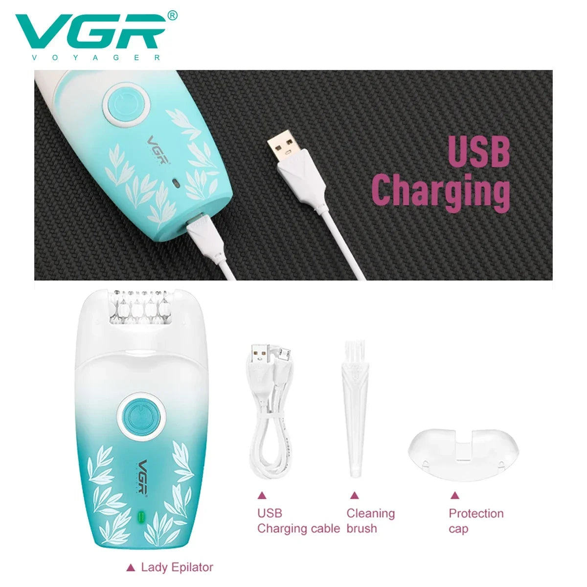 VGR Hair Remover Professional Women Face Hair Removal Bkini Epilator Electric Trimmer Leg Underarm Body Rechargeable  V-738