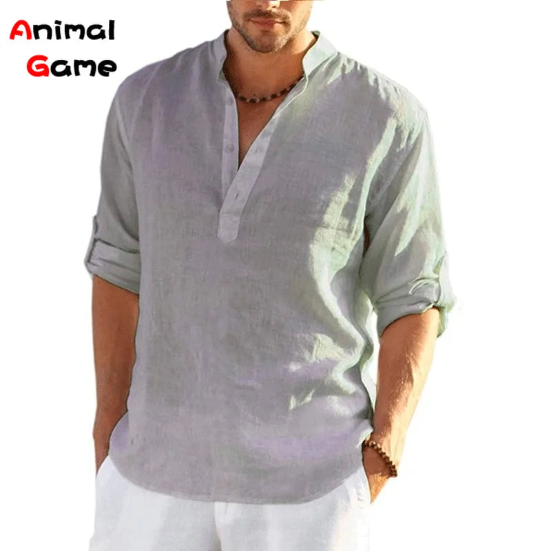 New Men's Linen Long Sleeve T-Shirt Solid Color Loose Spring T-Shirt Long Sleeve Cotton Linen Shirt Plus Size Shirts Men