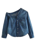2025 Women's Denim Shirts Button Blouses Asymmetric's Shirts Tops