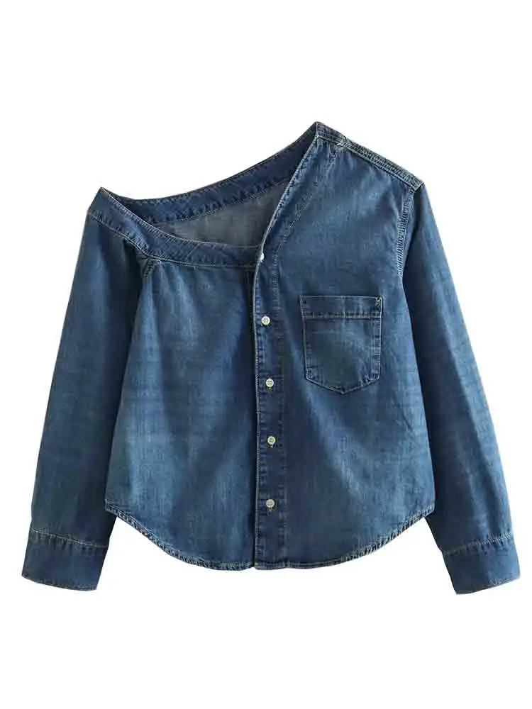 2025 Women's Denim Shirts Button Blouses Asymmetric's Shirts Tops