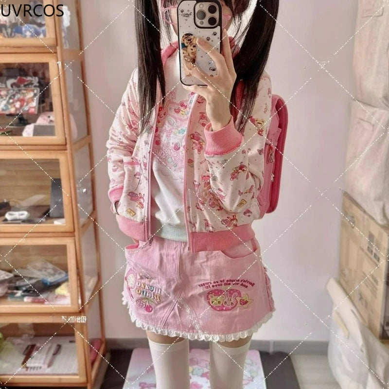 Japanese Kawaii Anime Lolita Hoodies Women Vintage Sweet Cartoon Print Casual Hooded Coat Y2k Aesthetics Para Mujer Sweatshirts