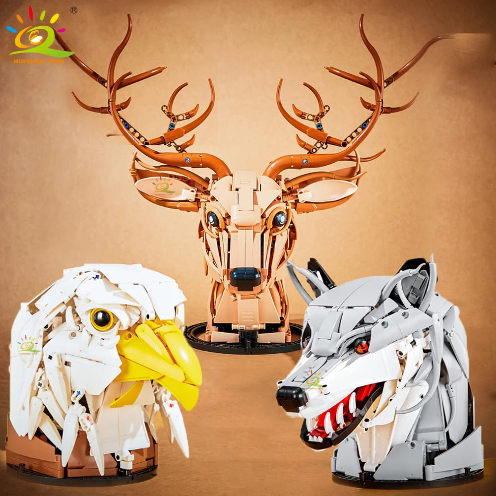HUIQIBAO MOC Creative Wolf Deer Eagle Head Model Building Blocks Animal Pendant Wall Decor Wall Hanging Sculpture Home Decor Toy