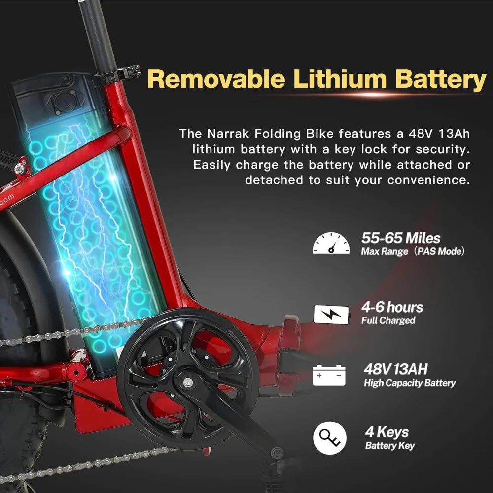 Fat Tire Folding Electric Bike 48V 624Wh Removable Battery 1100W Motor 20mph Suspension Step-Thru Frame, Custom