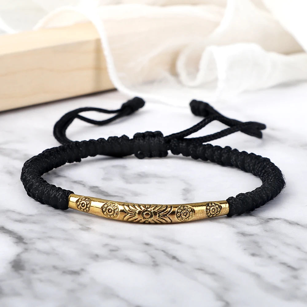 Golden Color Long Tube Braided Bracelet Lucky Red Black Thread Handmade Adjustable Bangle Men Women Buddhism Jewelry Prayer Gift