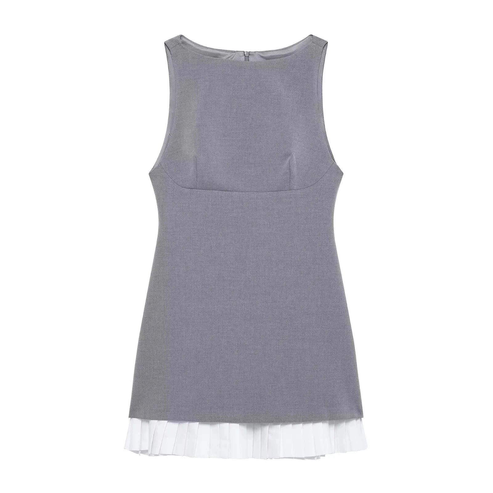 KONDALA Sleeveless O-Neck Mini Gray Dress for Women Sexy Patchwork Zipper Club Casual Fashion Spring Summer 2025 Vintage Dresses