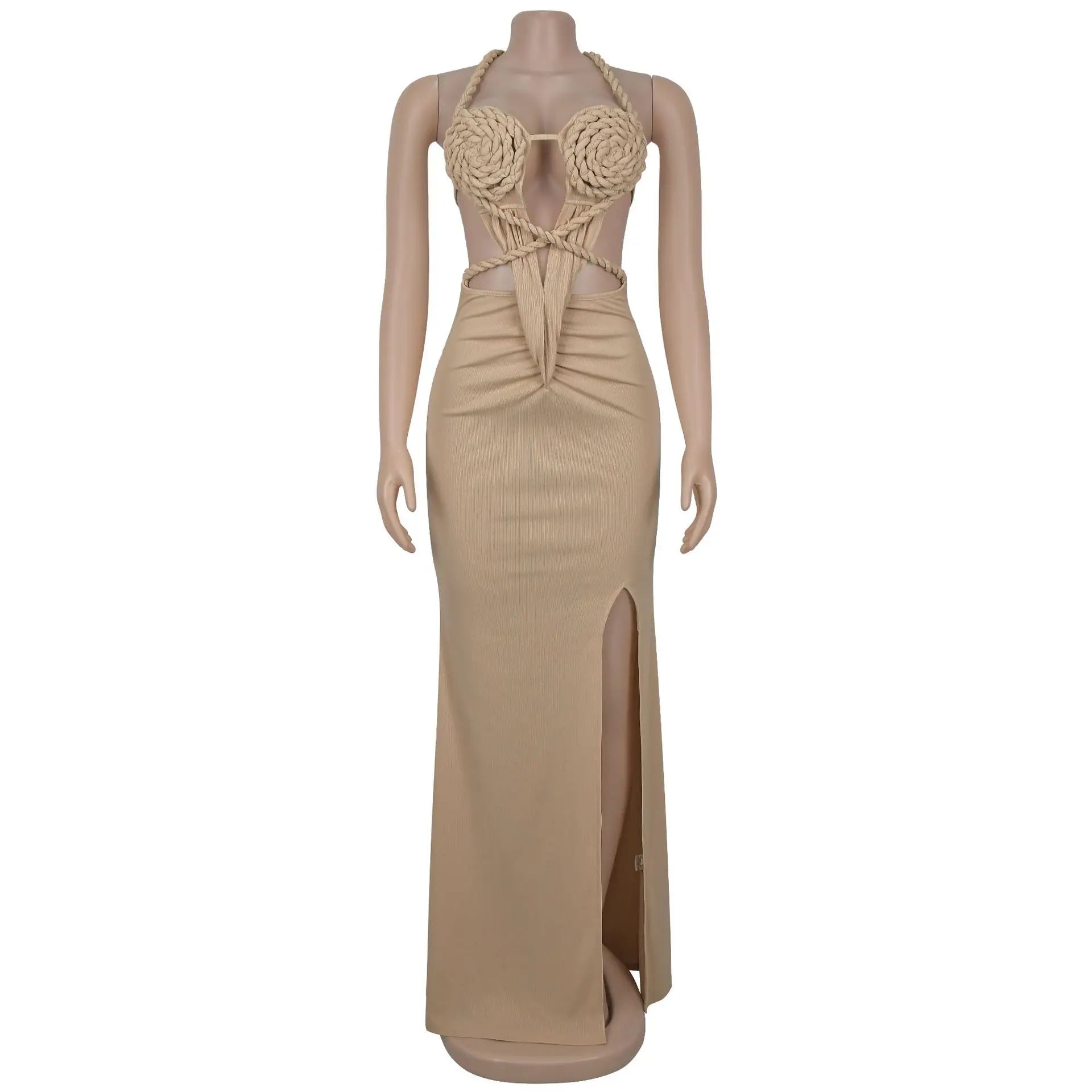 Joskaa Women Summer Knit Halter Long Dress Sexy Hollow Backless Slit Bodycon Maxi Dresses Holiday Party Club Beachwear S-XXL