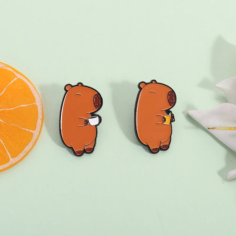 Cute Capybara Animal Enamel Pins Cartoon Cappy with Coffee Metal Brooches Lapel Badge Funny Animal Jewelry Gifts for Friends