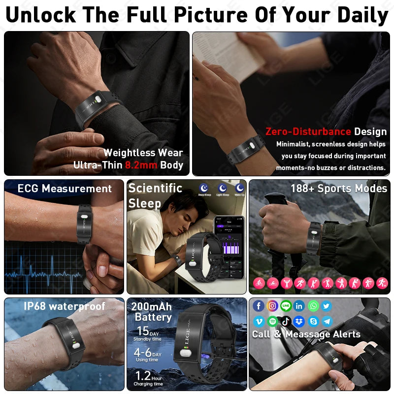 LIGE Fitness Tracker ECG+PPG SpO2 Sport Smart Bracelet Body Fat BMI Heart Rate Blood Pressure Monitor Pedometer Smartwatch Band