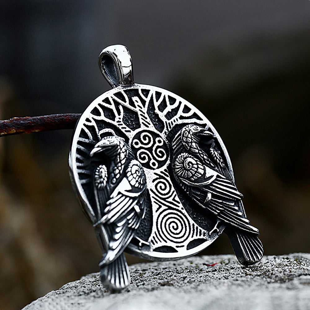 Fashion Vintage Viking Odin Double Ravens Necklace Stainless Steel Nordic Tree of Life Pendant for Men Amulet Jewelry Wholesale