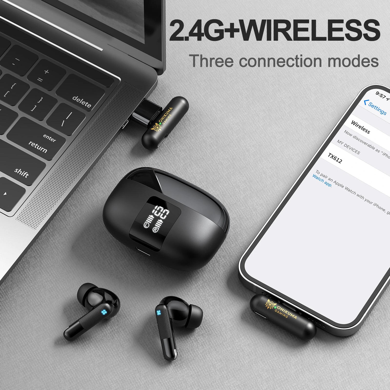 ONIKUMA TX612 2.4G True Wireless Headphones - LED Display Charging Case, ENC Dual Mic NoiseCancellation,Ambient Noise Filtering