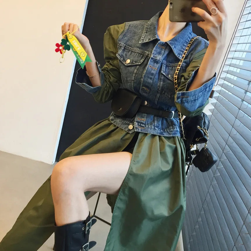 New 2023 high Fashion Streetwear Windbreaker For Women Turtleneck Long Sleeve green denim dress