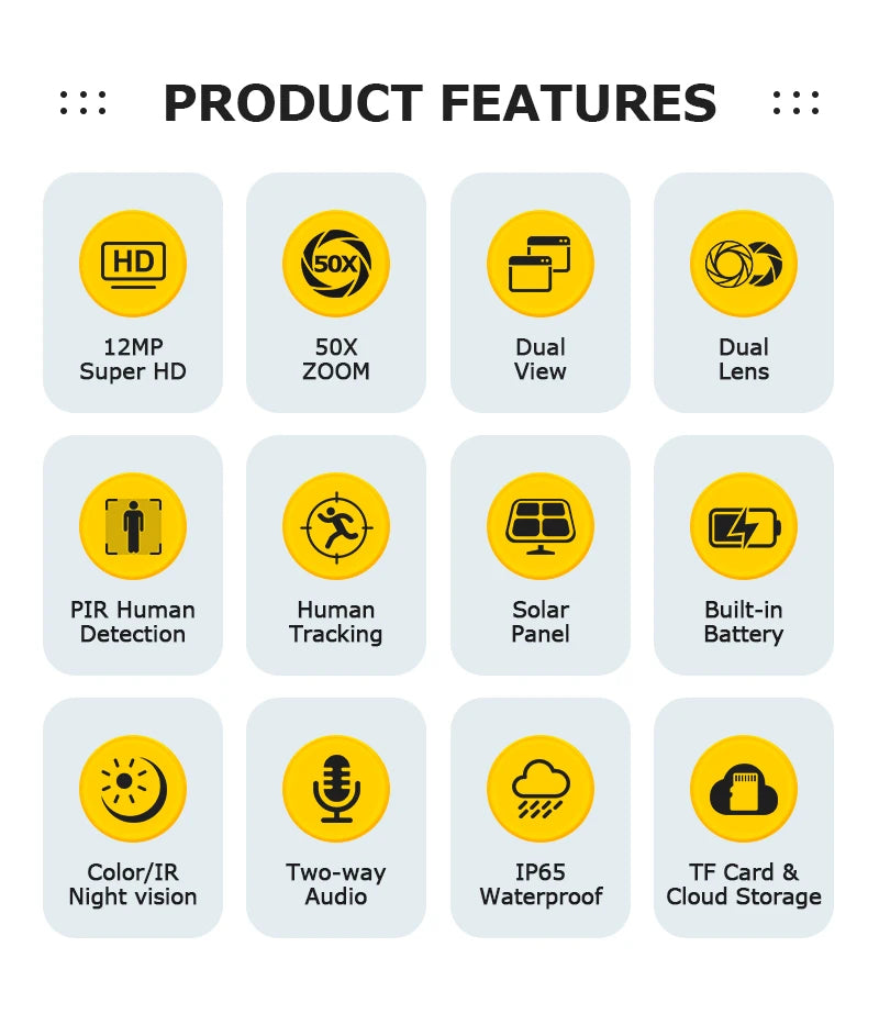 12MP 50X Zoom Dual Lens 4G SIM Solar Camera WIFI Outdoor Surveillance PTZ Human Detection Recording Security Night Vision Camera