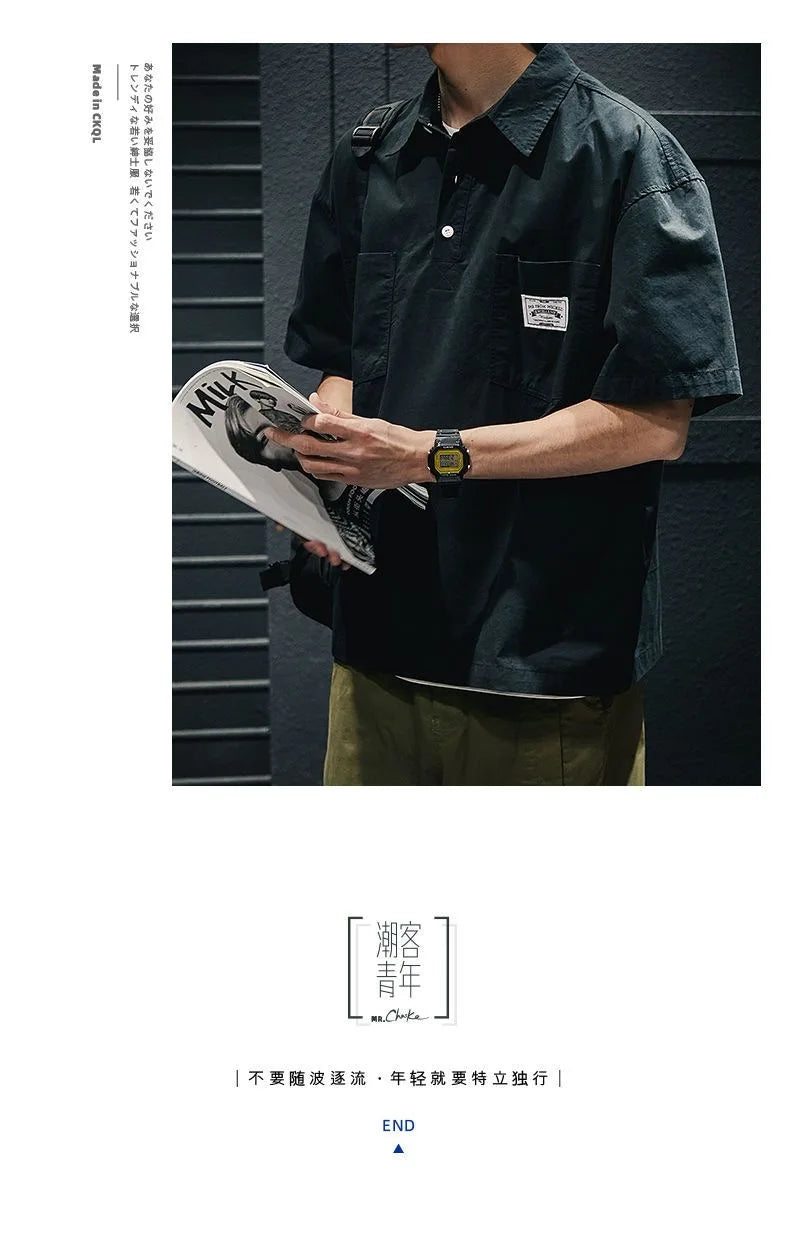 Korea American Casual Men's T-shirt Summer Tooling Style Short Sleeve New Pocket Shirt Collar Men's Clothing Loose Plus Size Top