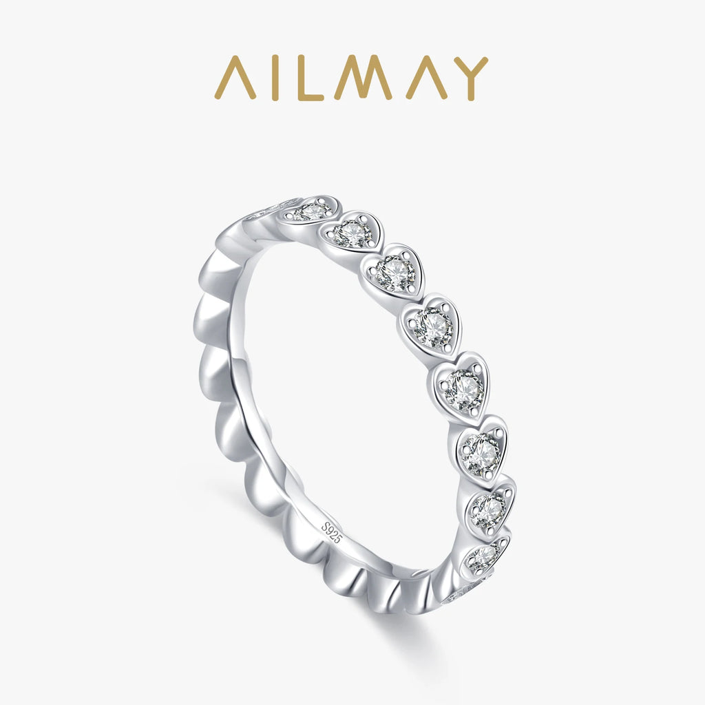 Ailmay Outentieke 925 Sterling Silwer Blink Deursigtige Sirkoon Romantiese Hart Stapelbare Vingerrring Vir Vroue Trou Verloof Juweliersware