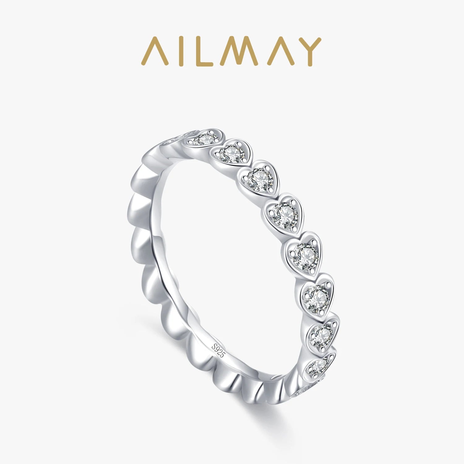 Ailmay Outentieke 925 Sterling Silwer Blink Deursigtige Sirkoon Romantiese Hart Stapelbare Vingerrring Vir Vroue Trou Verloof Juweliersware