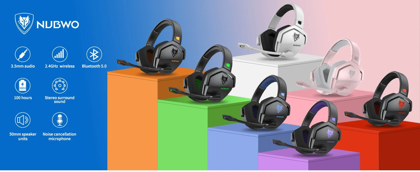 NUBWO G06 Dubbele Draadlose Speletjie-koptelefoon met Mikrofoon vir PS5, PS4, rekenaar, selfoon, Switch, 2.4GHz Bluetooth 5.3 Speletjie-oorfone